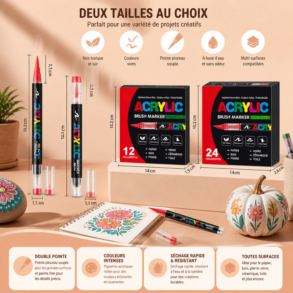 Set de Marqueurs de Peinture Acrylique à Double Pointe avec Pointe Fine et Pinceau