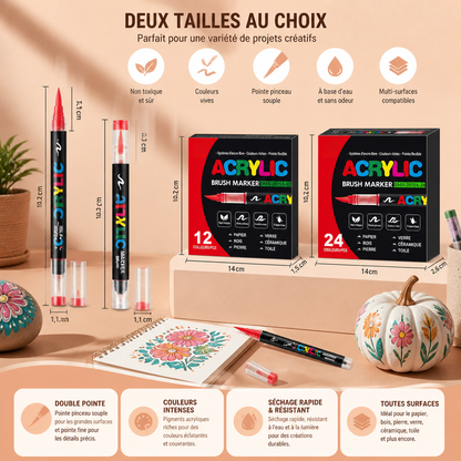 Set de Marqueurs de Peinture Acrylique à Double Pointe avec Pointe Fine et Pinceau