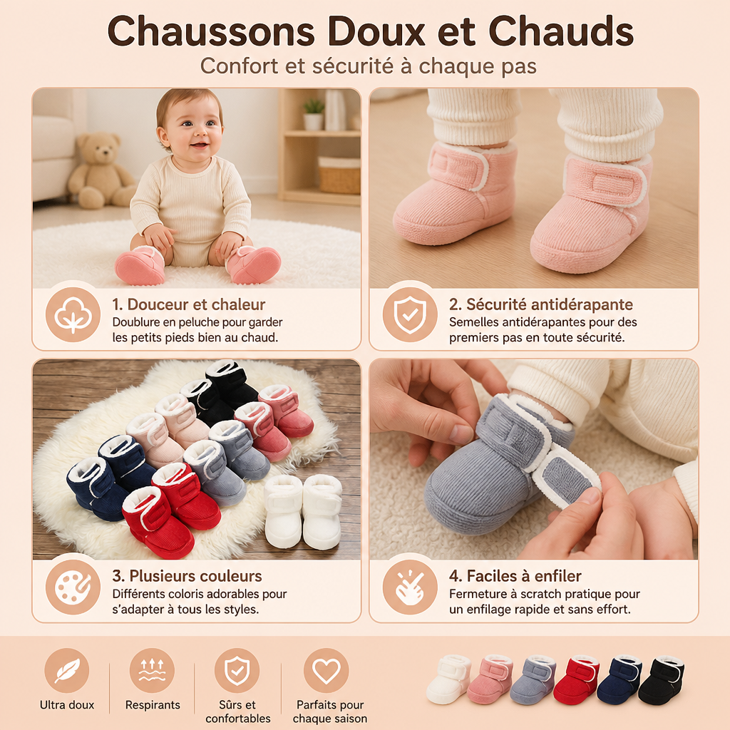 Chaussons Doux et Chauds pour Bébés avec Semelles Antidérapantes