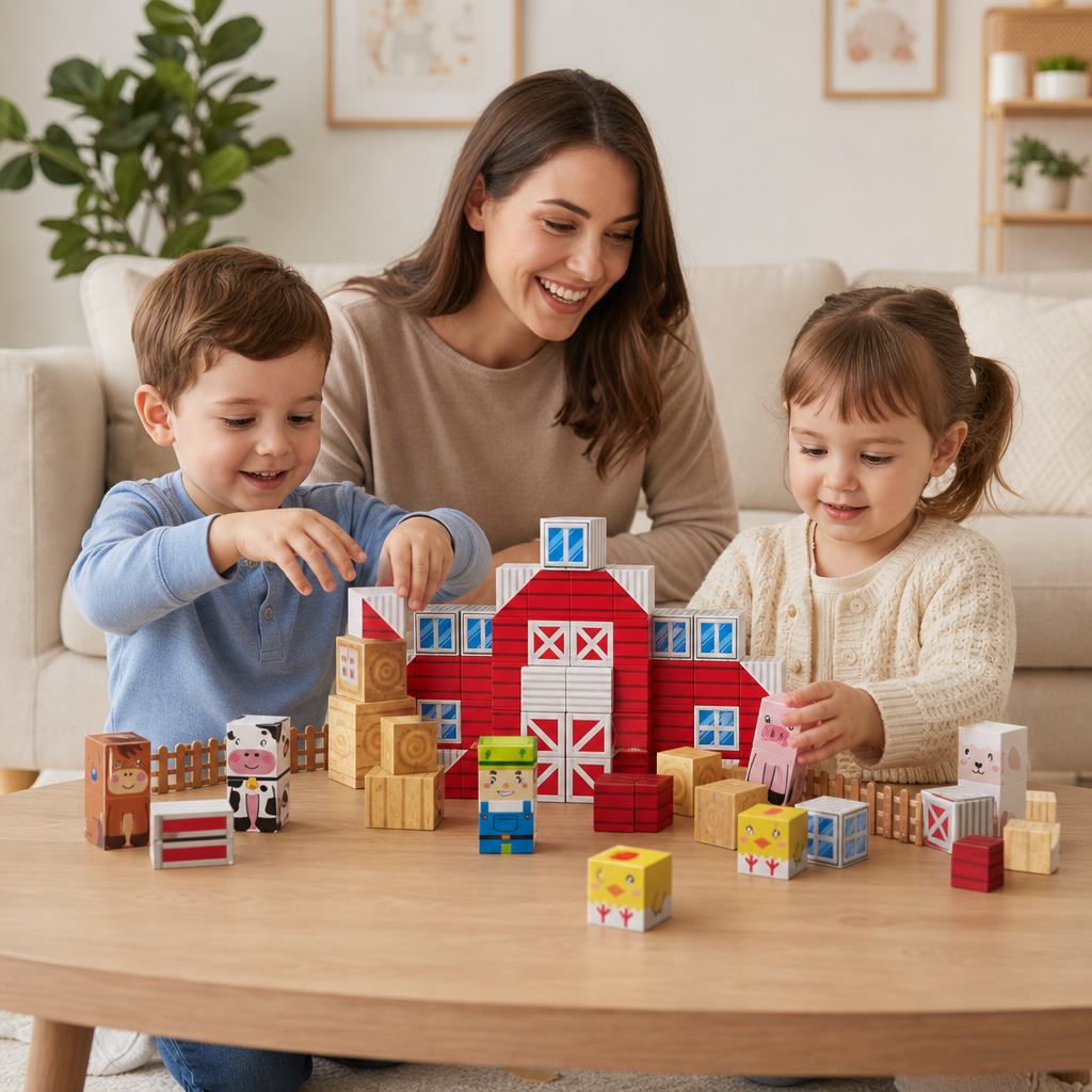 Set De Voyage De Construction Magnétique Ferme Avec Animaux Et Grange