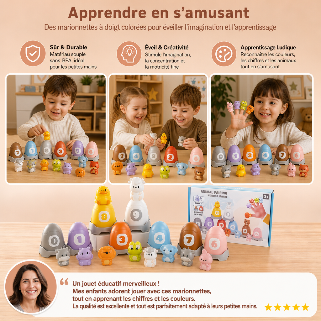 Ensemble Montessori de Marionnettes à Doigt en Caoutchouc Souple avec Animaux de la Ferme pour Apprendre les Couleurs et les Chiffres