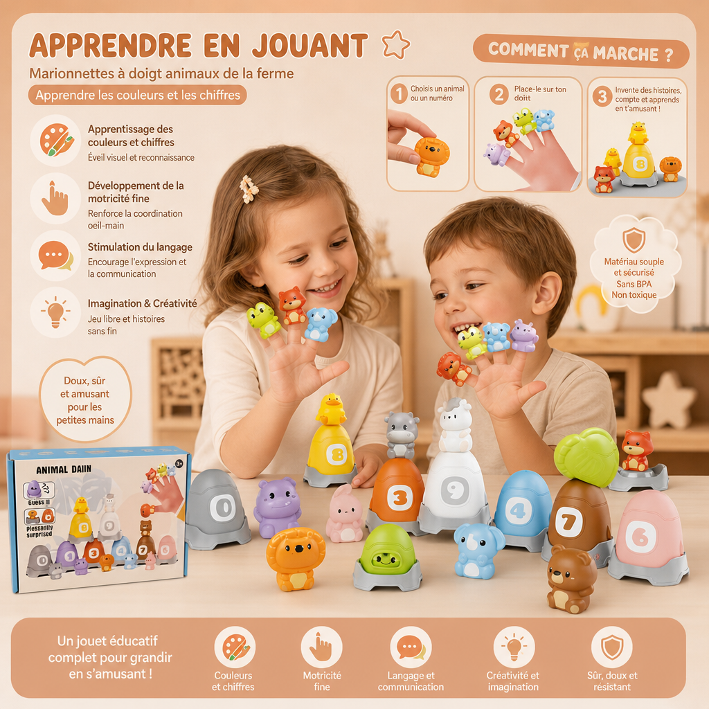 Ensemble Montessori de Marionnettes à Doigt en Caoutchouc Souple avec Animaux de la Ferme pour Apprendre les Couleurs et les Chiffres