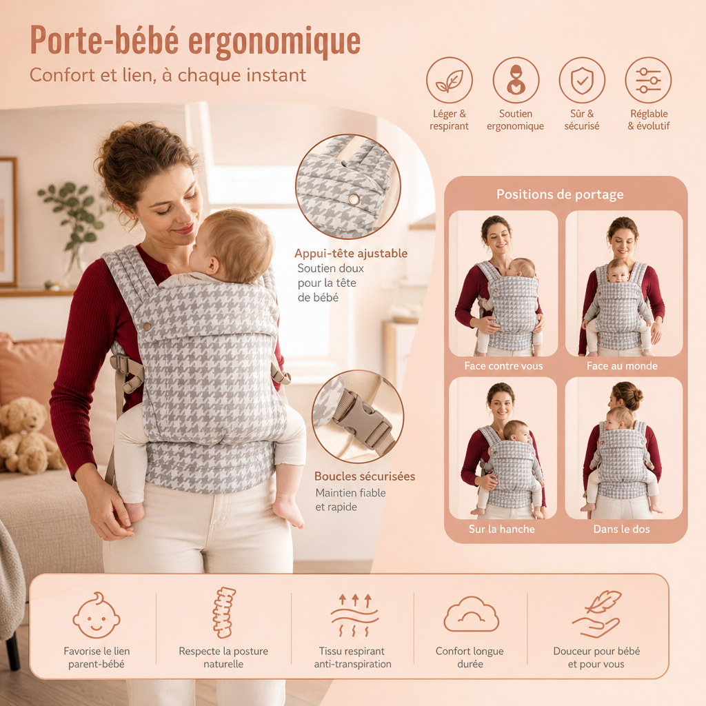 Porte-bébé ergonomique – Respirant et réglable