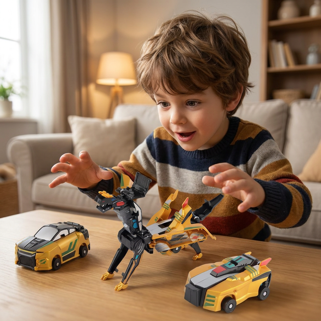 Voiture Transformable 2-en-1 Magnétique et Jouet Dinosaure avec Action Anticollision Automatique