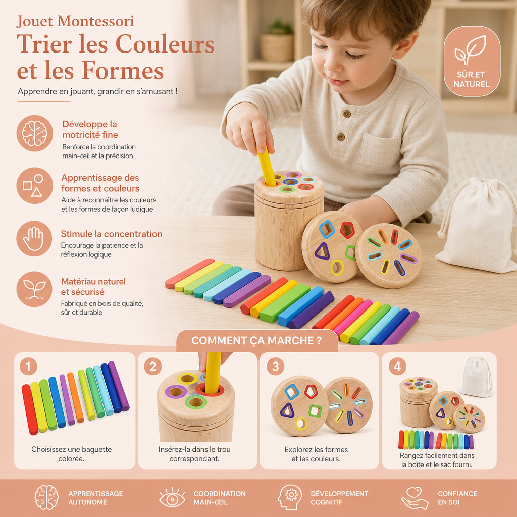 Jouet Montessori En Bois Pour Trier Les Couleurs Et Les Formes – Puzzle Éducatif Pour Développer La Motricité Fine