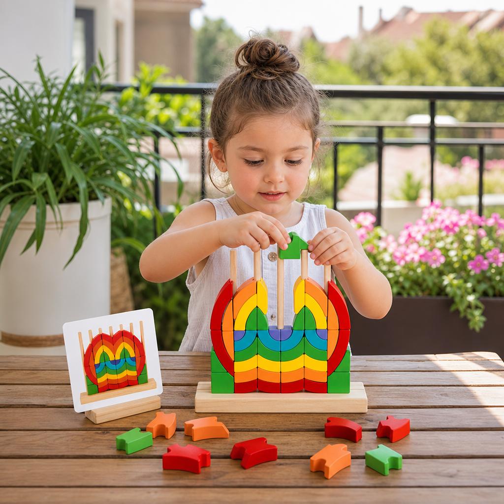 Puzzle Montessori in Legno Arcobaleno da Impilare e Abbinare