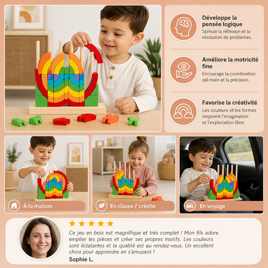 Puzzle Montessori in Legno Arcobaleno da Impilare e Abbinare