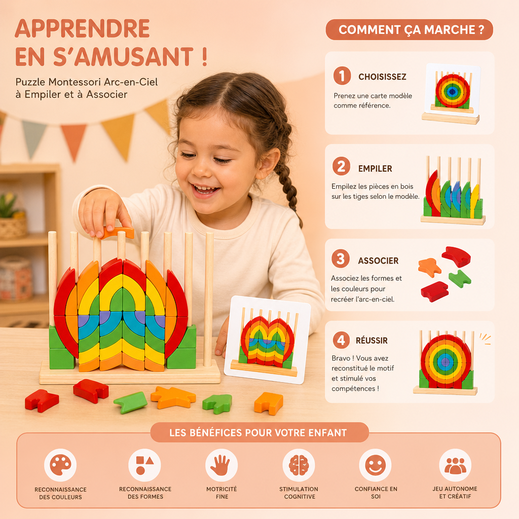 Puzzle Montessori in Legno Arcobaleno da Impilare e Abbinare