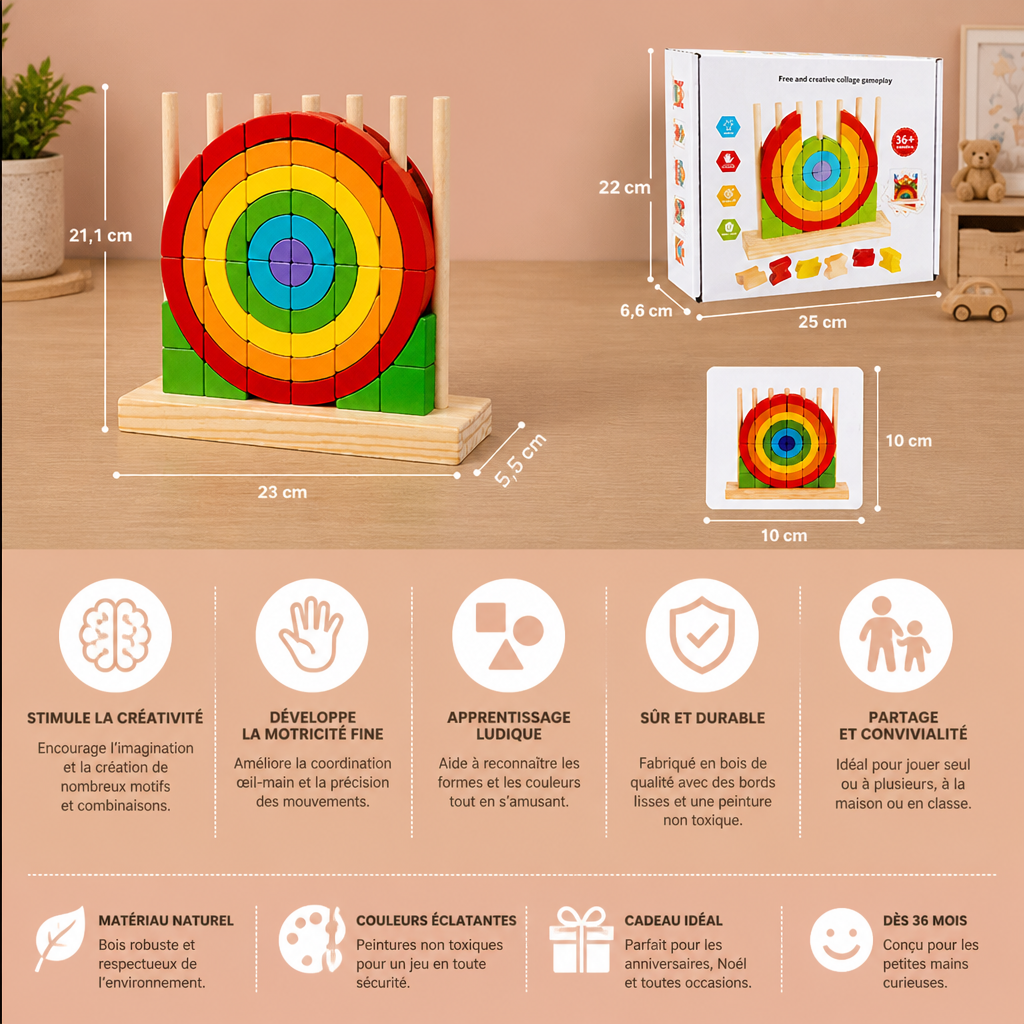 Puzzle Montessori in Legno Arcobaleno da Impilare e Abbinare
