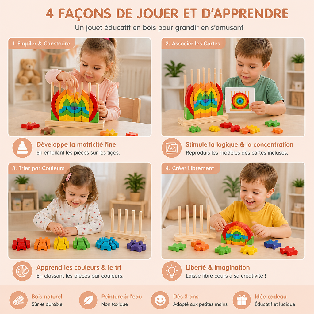 Puzzle Montessori in Legno Arcobaleno da Impilare e Abbinare