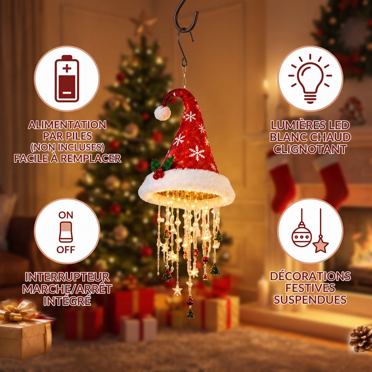Lumières de Bonnet de Père Noël de Noël avec Guirlande LED Décorative