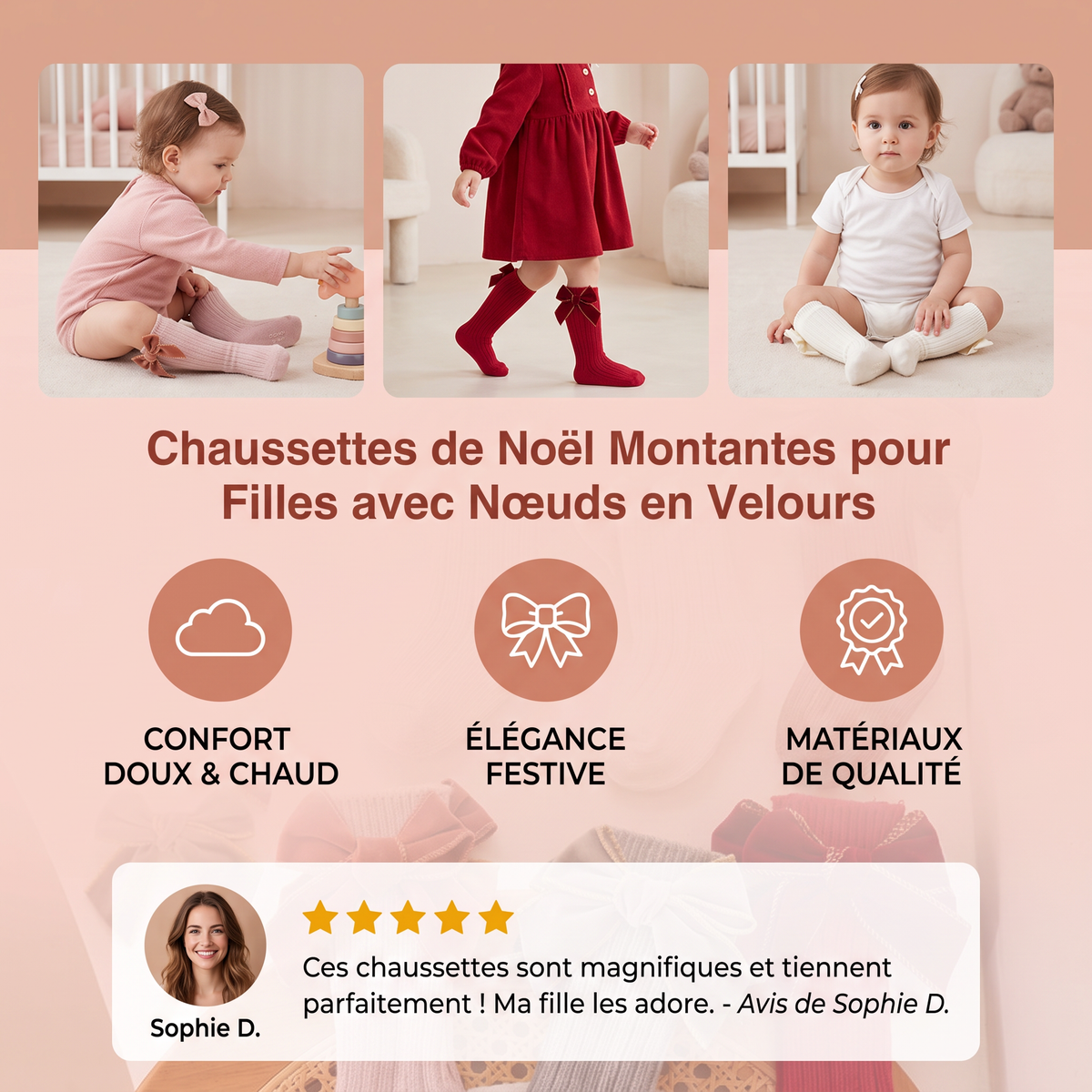 Chaussettes de Noël Montantes pour Filles avec Nœuds en Velours