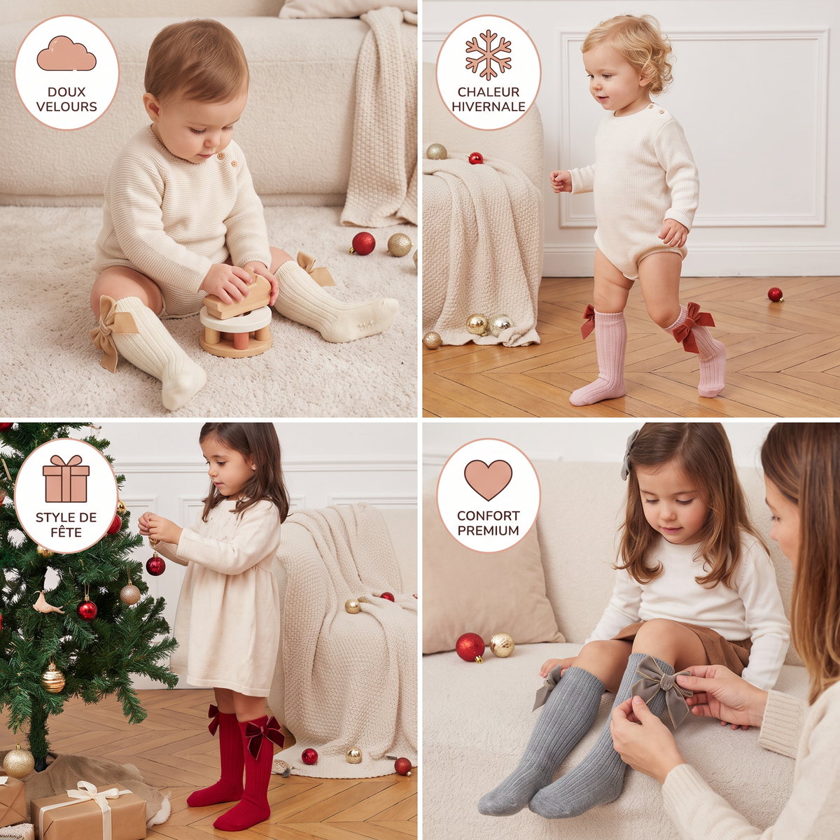 Chaussettes de Noël Montantes pour Filles avec Nœuds en Velours
