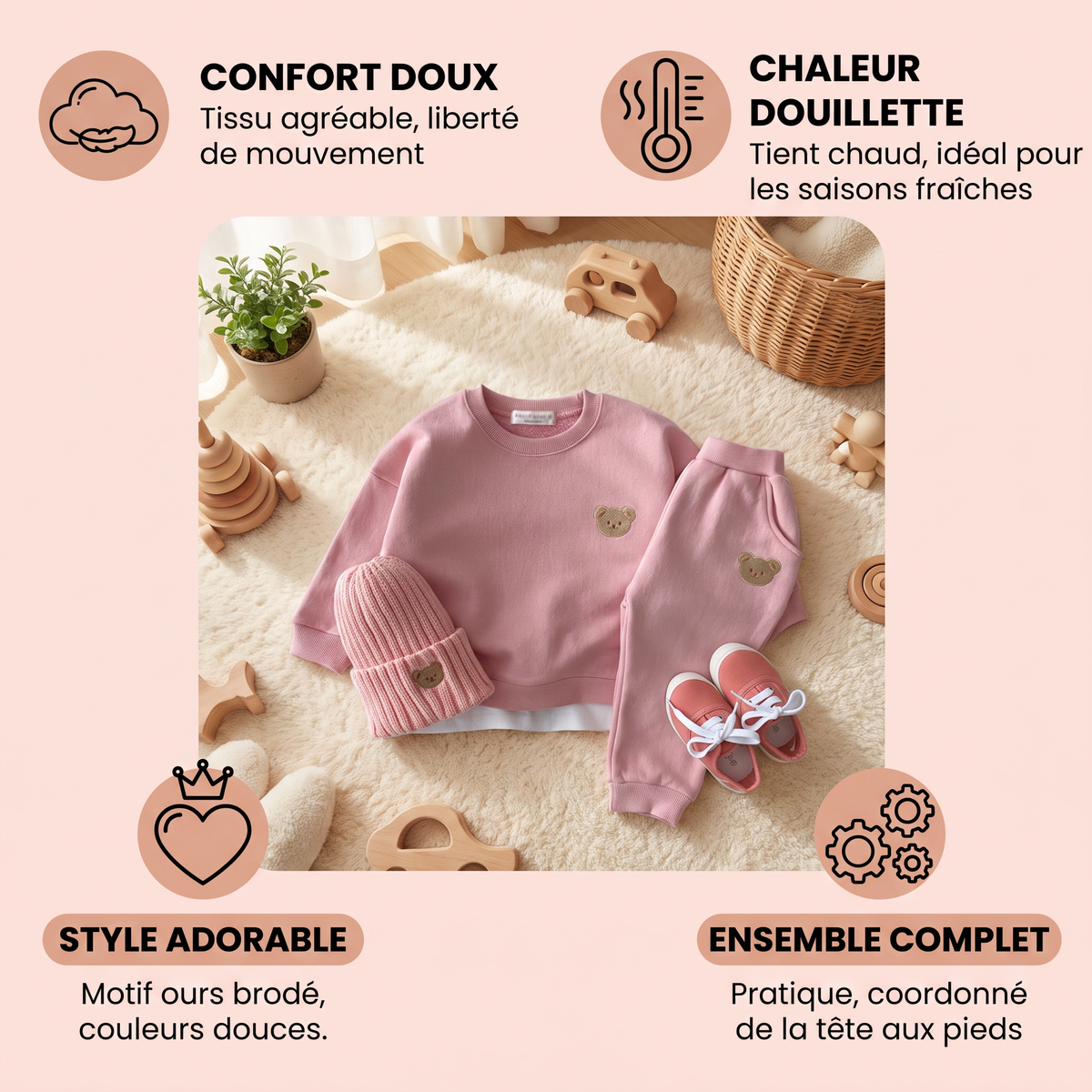 Ensemble Bébé avec Sweat-shirt à Ours Brodé et Pantalon de Survêtement Assorti