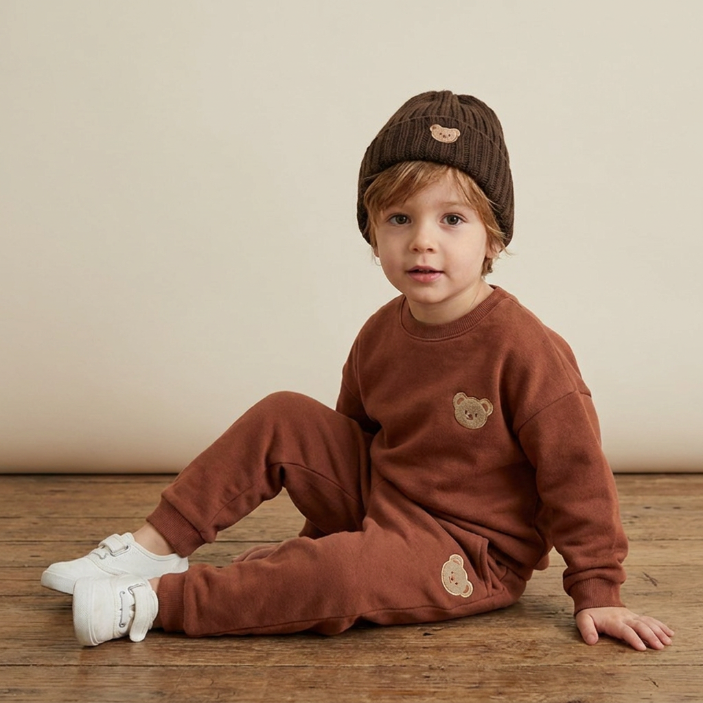Ensemble Bébé avec Sweat-shirt à Ours Brodé et Pantalon de Survêtement Assorti