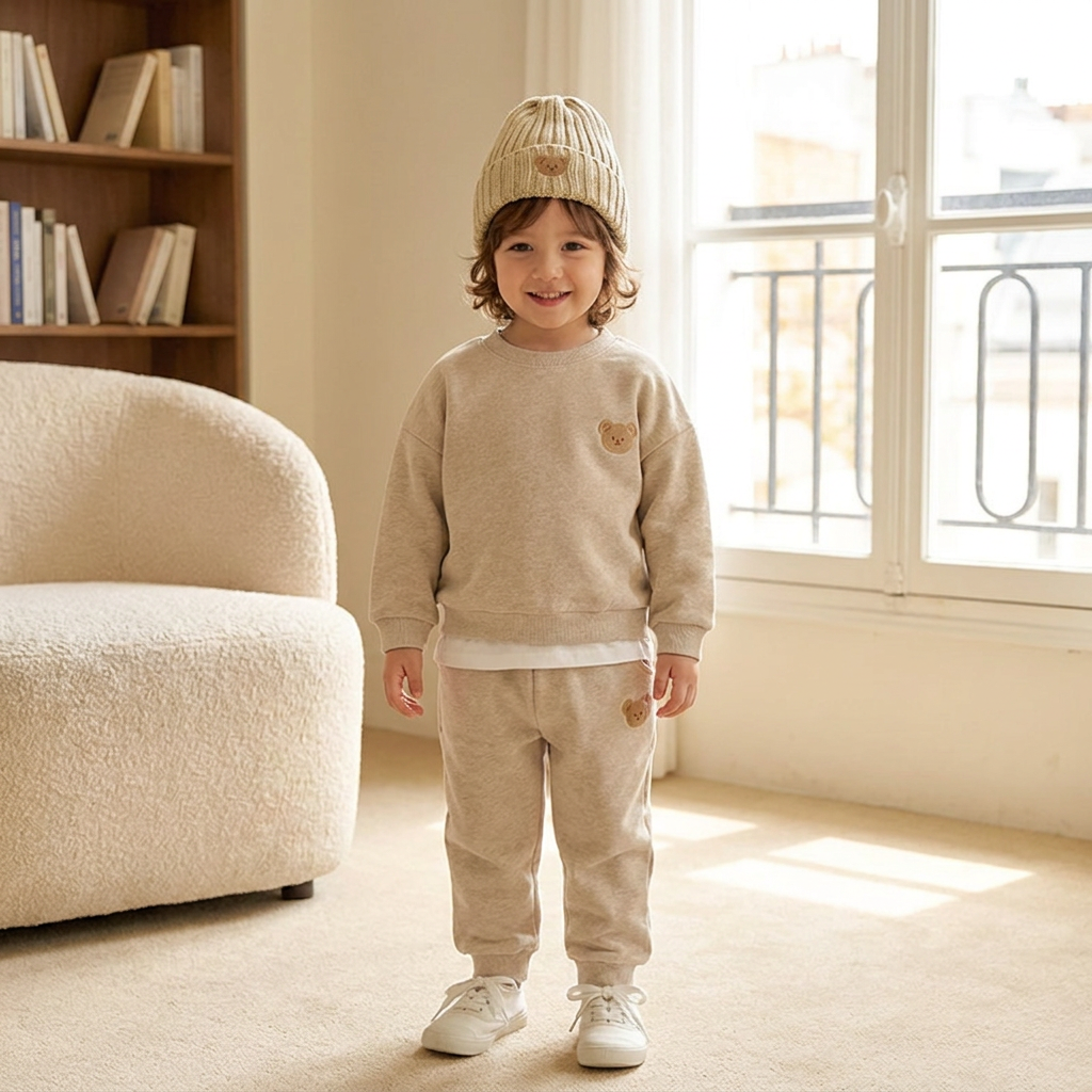 Ensemble Bébé avec Sweat-shirt à Ours Brodé et Pantalon de Survêtement Assorti