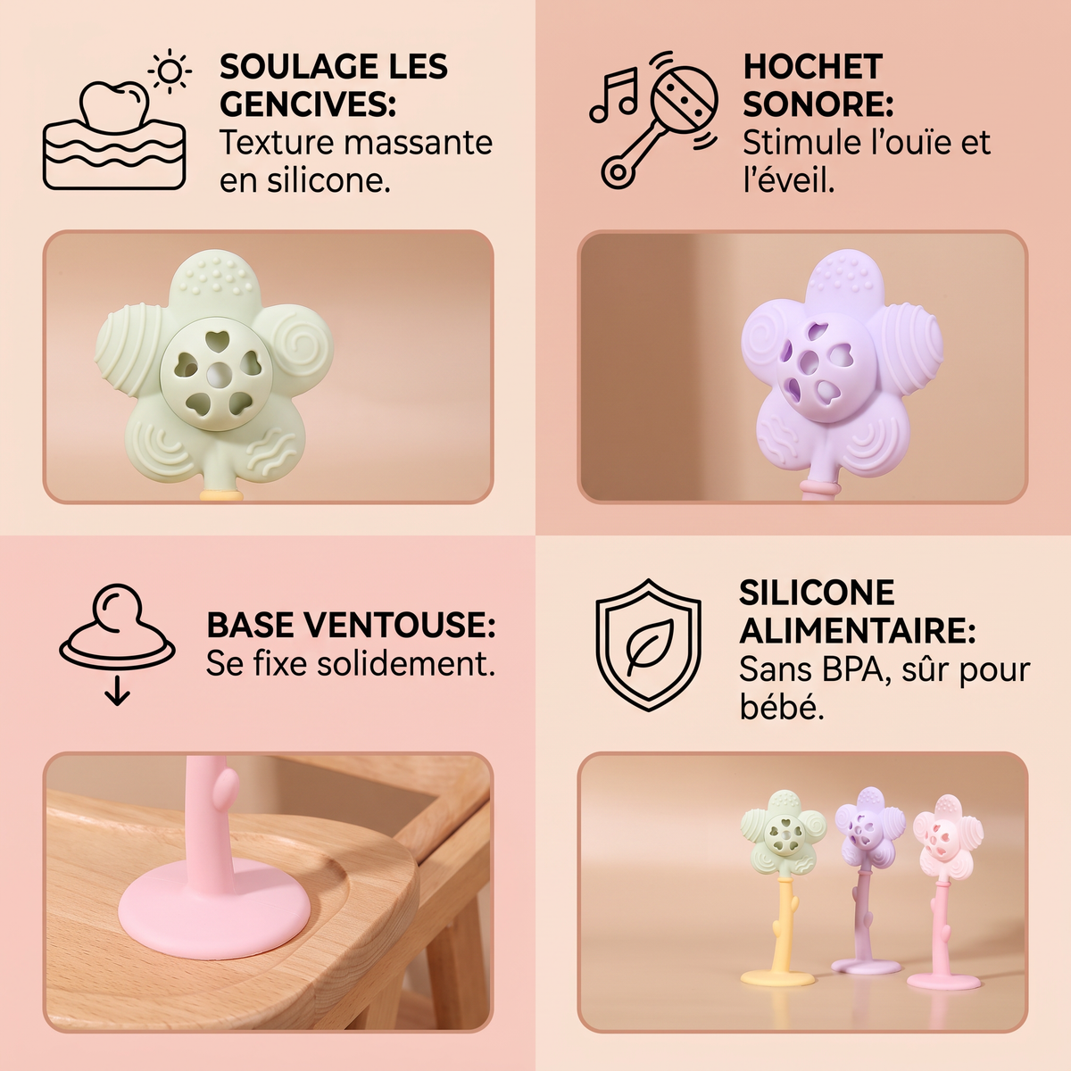 Anneau de Dentition et Hochet Tournesol 2-en-1 pour Bébé avec Base à Ventouse