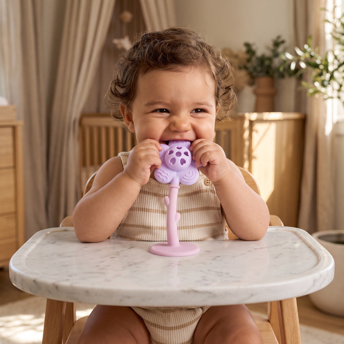 Anneau de Dentition et Hochet Tournesol 2-en-1 pour Bébé avec Base à Ventouse