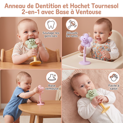 Anneau de Dentition et Hochet Tournesol 2-en-1 pour Bébé avec Base à Ventouse