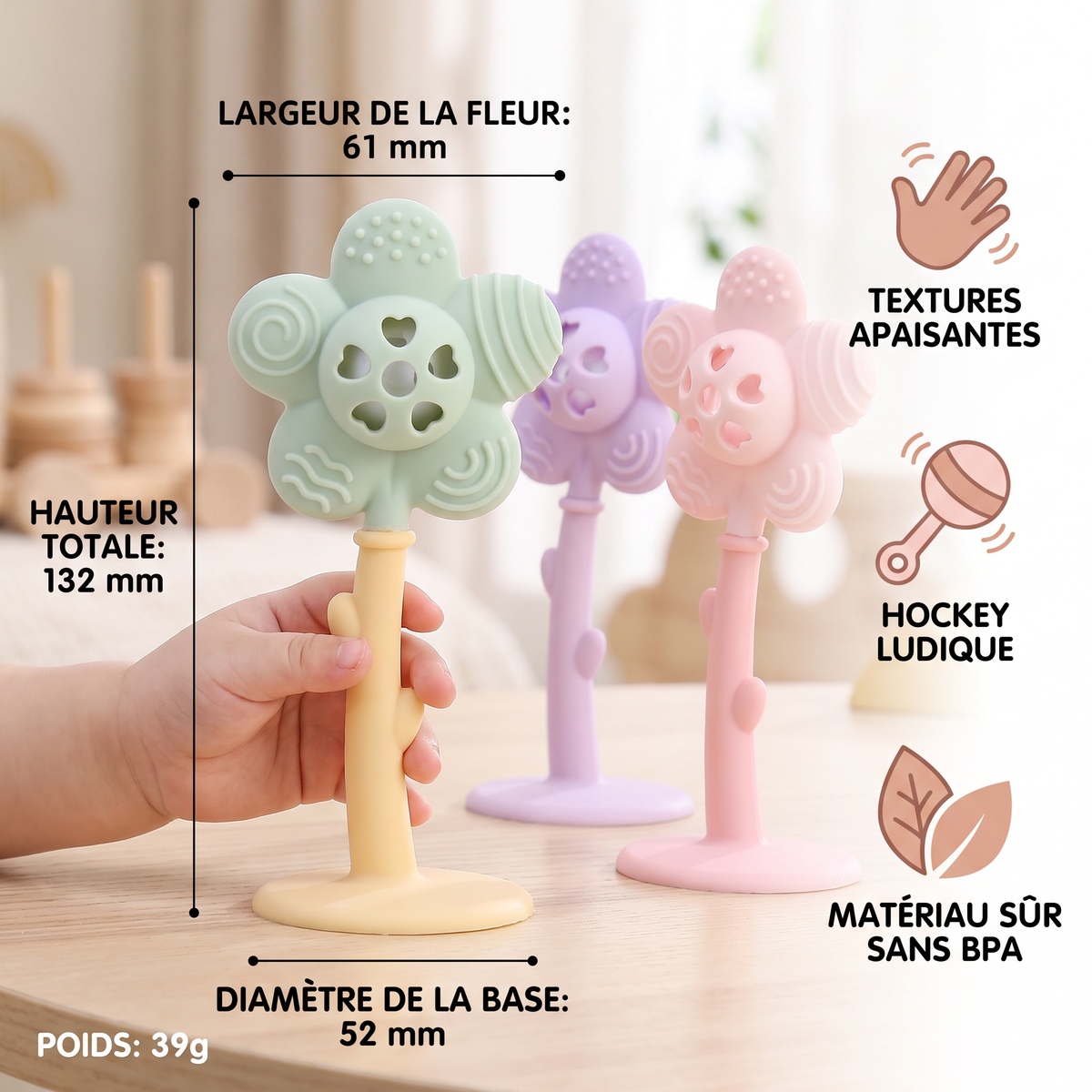 Anneau de Dentition et Hochet Tournesol 2-en-1 pour Bébé avec Base à Ventouse