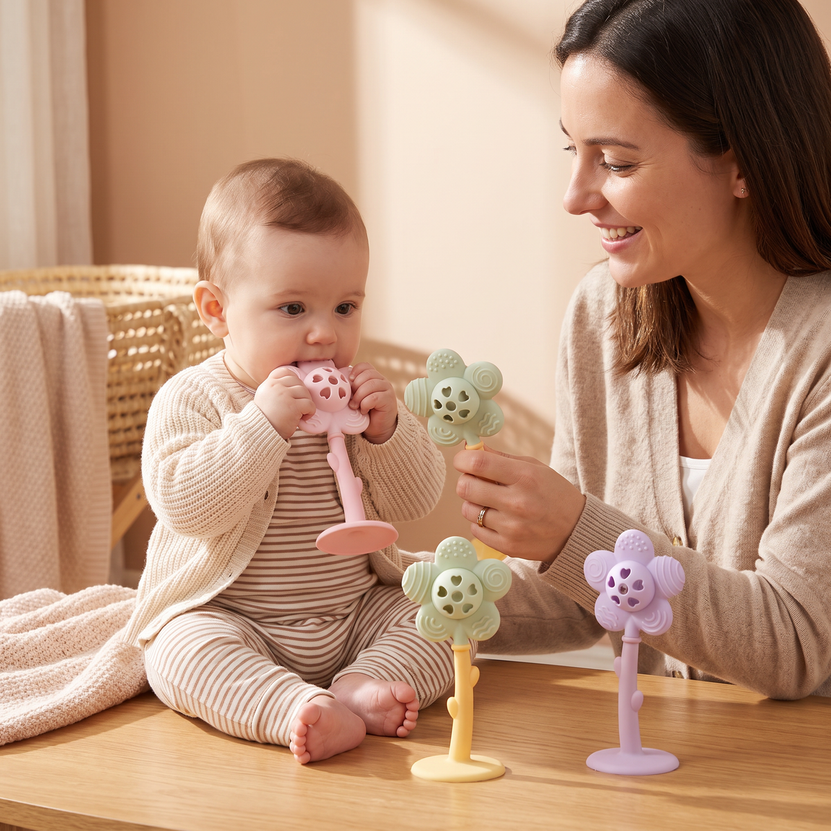 Anneau de Dentition et Hochet Tournesol 2-en-1 pour Bébé avec Base à Ventouse