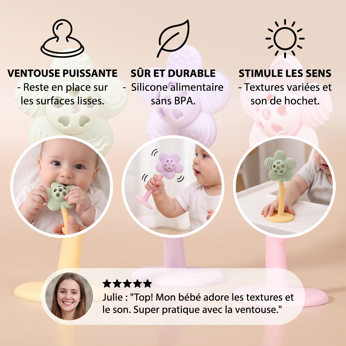 Anneau de Dentition et Hochet Tournesol 2-en-1 pour Bébé avec Base à Ventouse