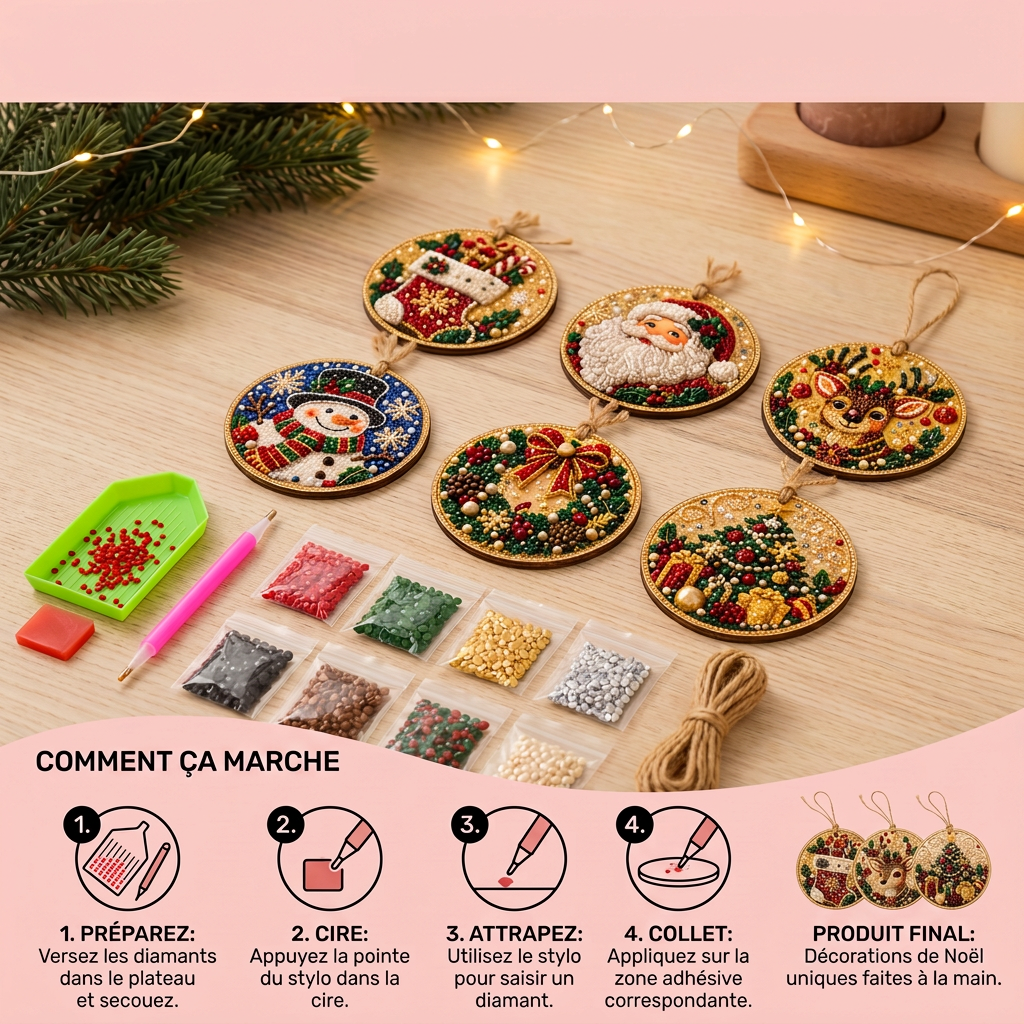 Kit DIY de Peinture Diamant sur Décorations de Noël en Bois