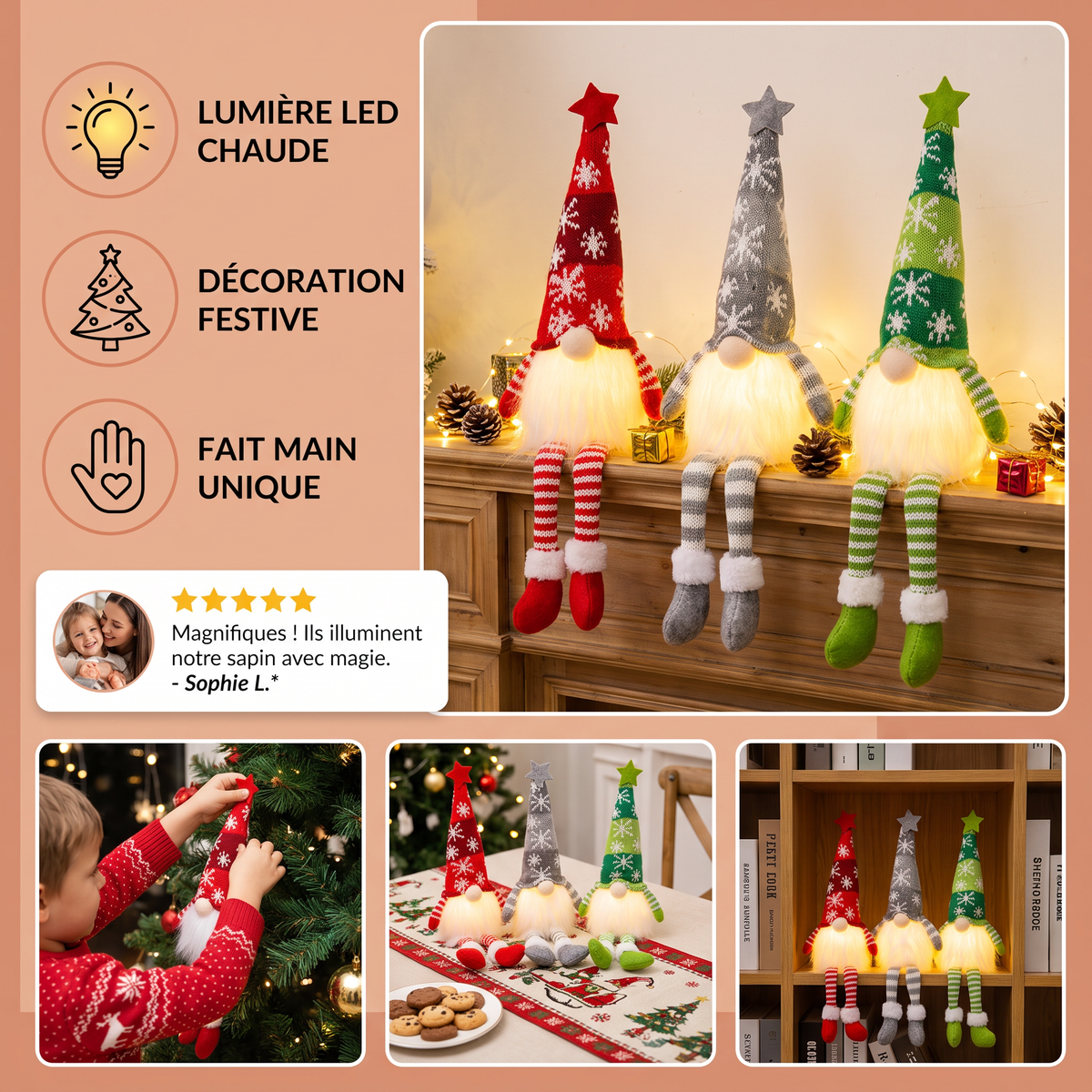 Décorations de Gnomes de Noël Lumineux à LED