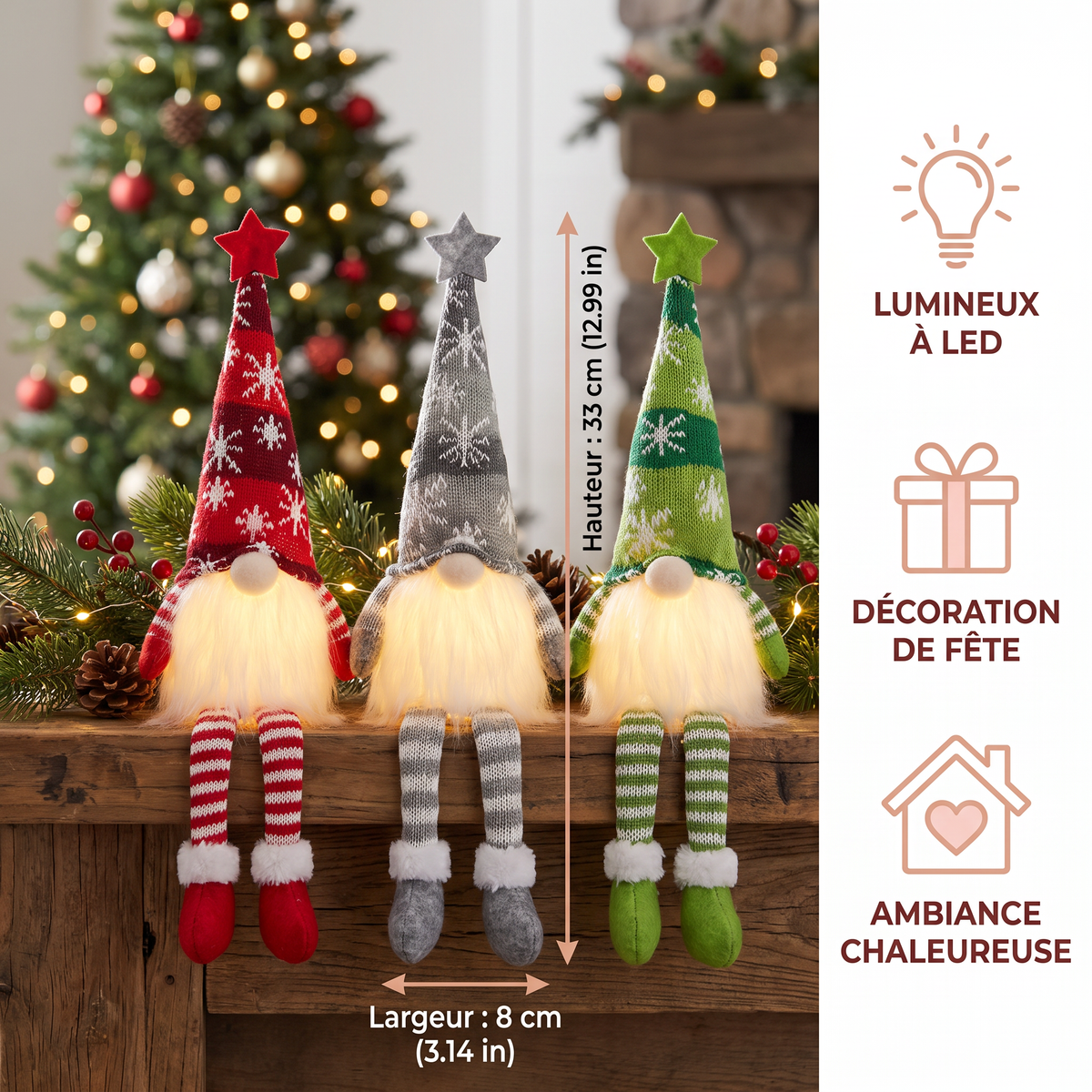 Décorations de Gnomes de Noël Lumineux à LED