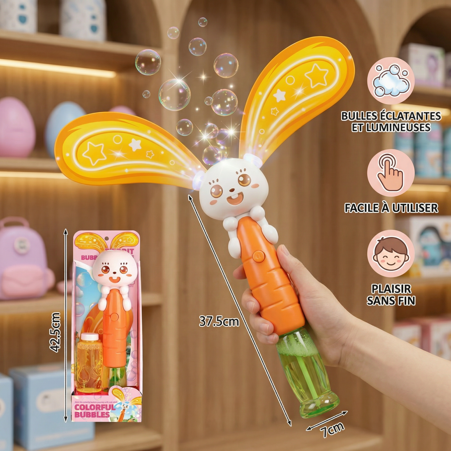 Lapin à bulles avec ailes et lumière – machine à bulles pour enfants