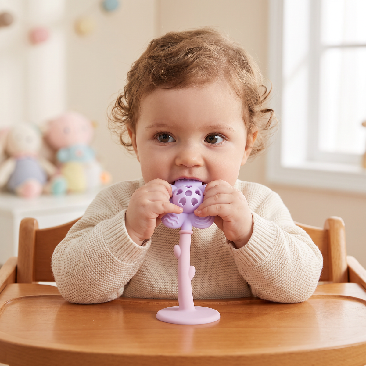 Anneau de Dentition et Hochet Tournesol 2-en-1 pour Bébé avec Base à Ventouse