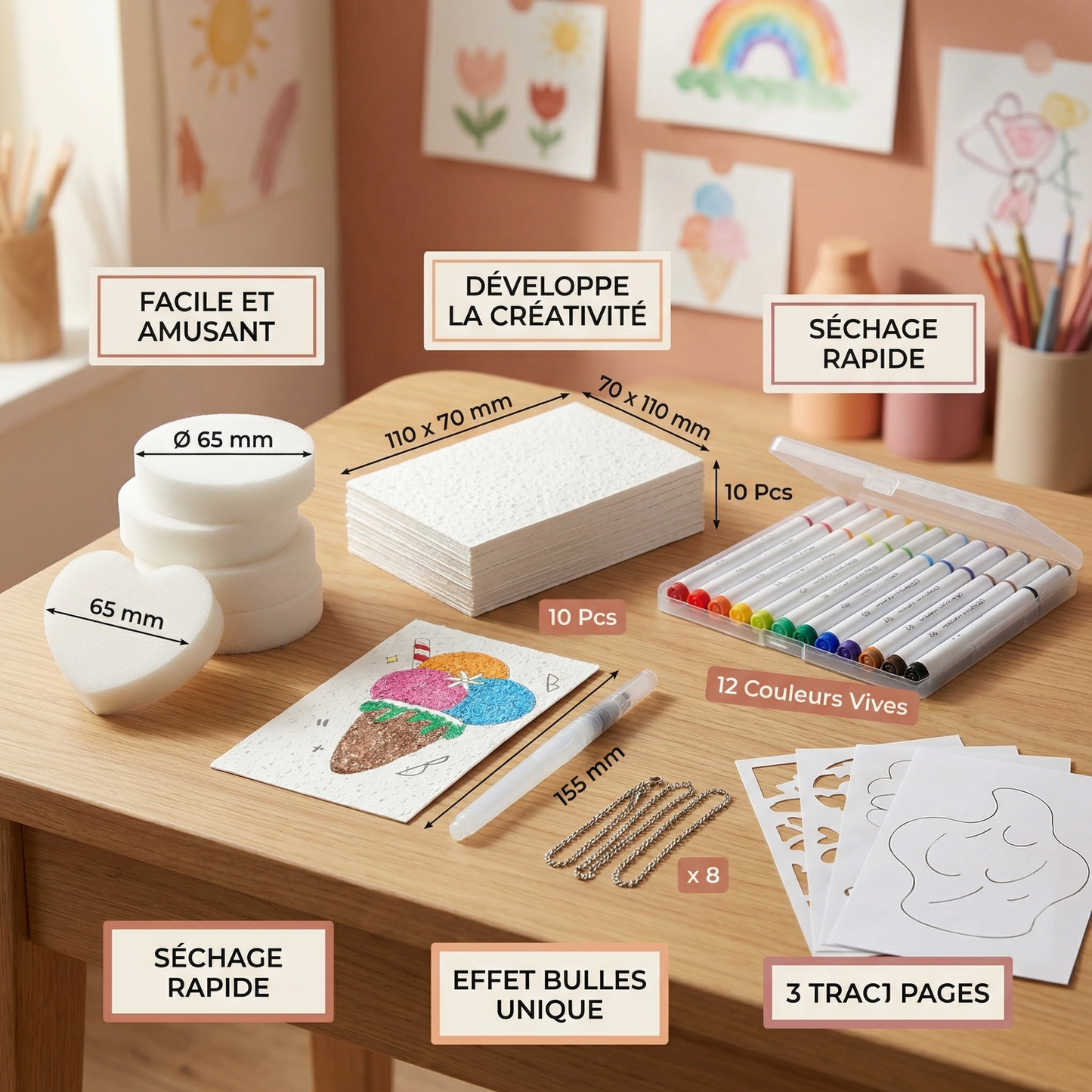 Kit créatif de peinture à l’éponge pour enfants – set artistique DIY avec effet bulles