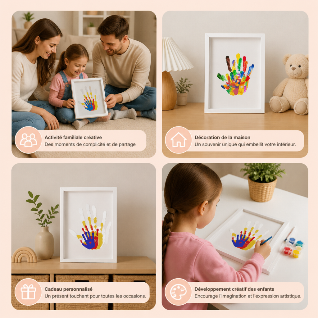 Kit DIY Cadre Photo en Bois avec Empreintes de Mains – Coffret Souvenir Familial avec Peintures