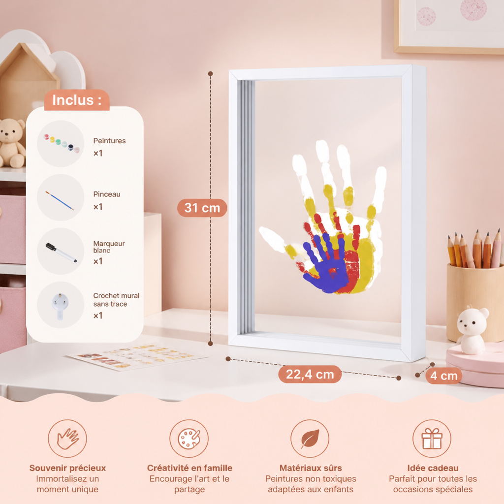 Kit DIY Cadre Photo en Bois avec Empreintes de Mains – Coffret Souvenir Familial avec Peintures