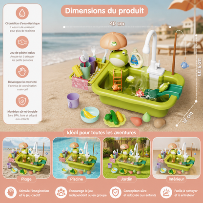 Cuisine de jeu pour enfants avec fonction eau – Set évier avec circulation d’eau électrique et jeu de pêche