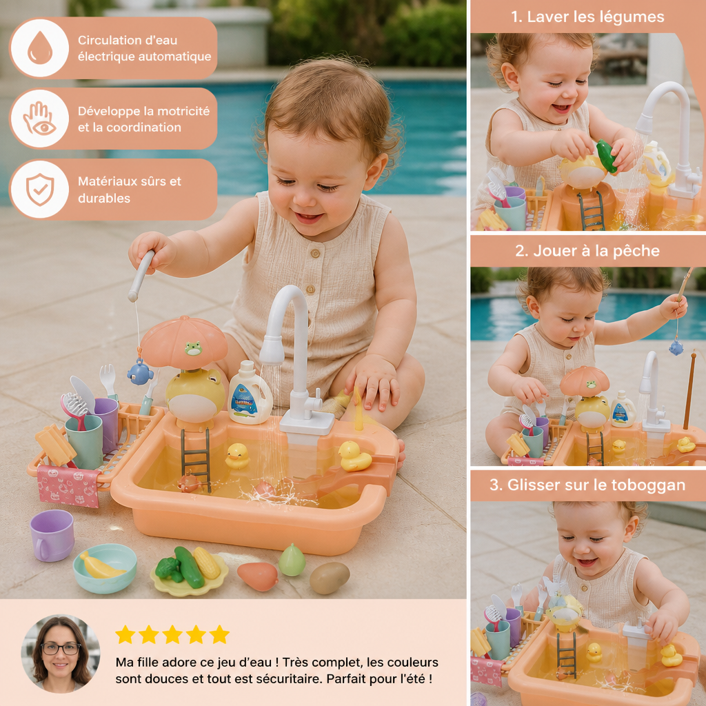 Cuisine de jeu pour enfants avec fonction eau – Set évier avec circulation d’eau électrique et jeu de pêche