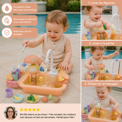 Cuisine de jeu pour enfants avec fonction eau – Set évier avec circulation d’eau électrique et jeu de pêche
