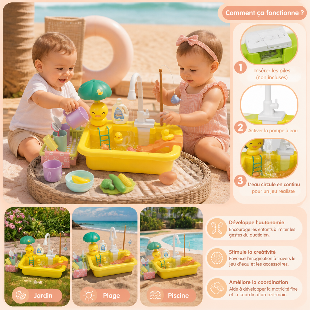 Cuisine de jeu pour enfants avec fonction eau – Set évier avec circulation d’eau électrique et jeu de pêche