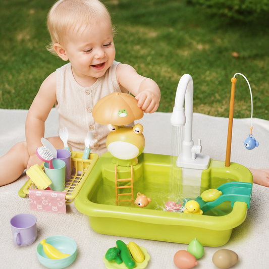 Cuisine de jeu pour enfants avec fonction eau – Set évier avec circulation d’eau électrique et jeu de pêche