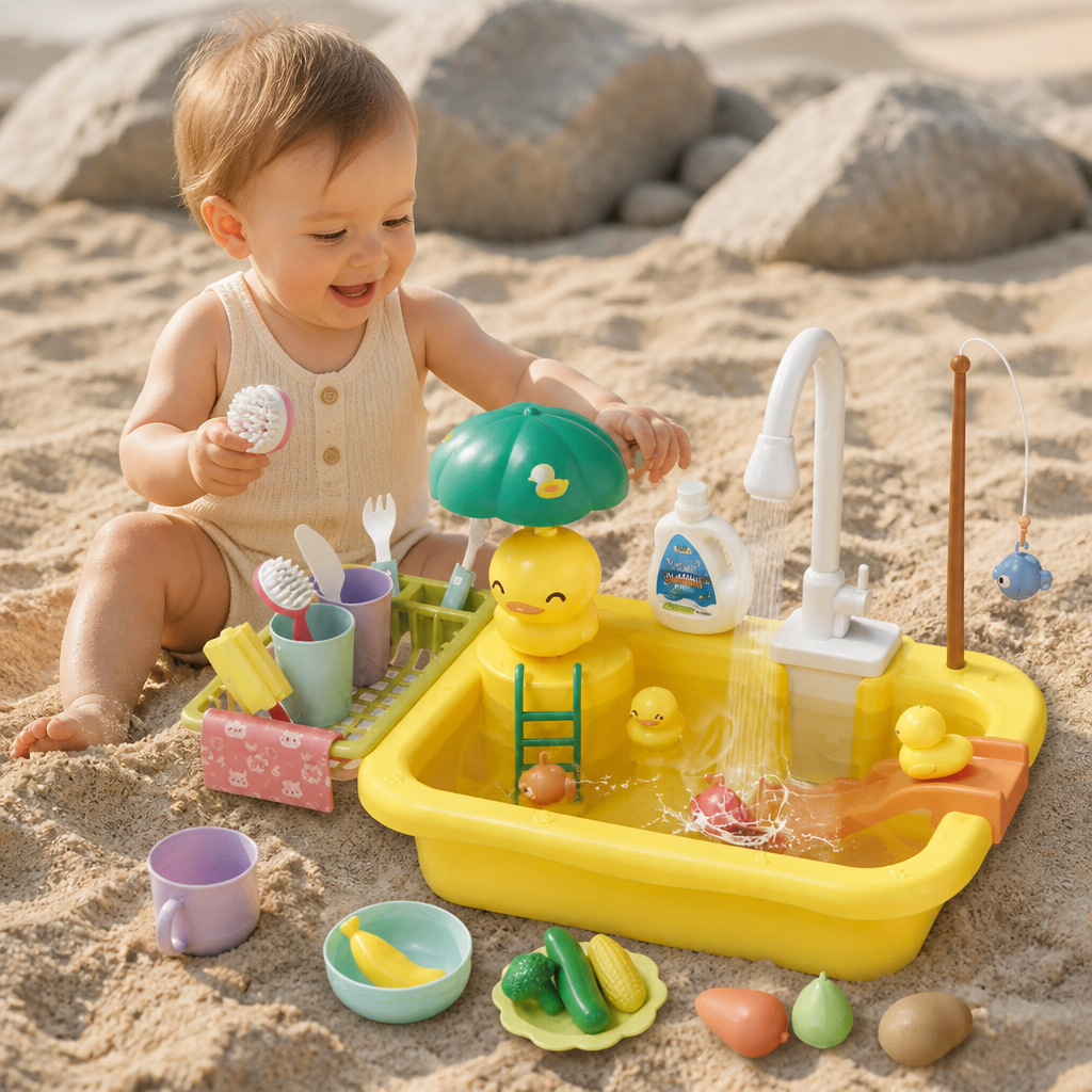 Cuisine de jeu pour enfants avec fonction eau – Set évier avec circulation d’eau électrique et jeu de pêche