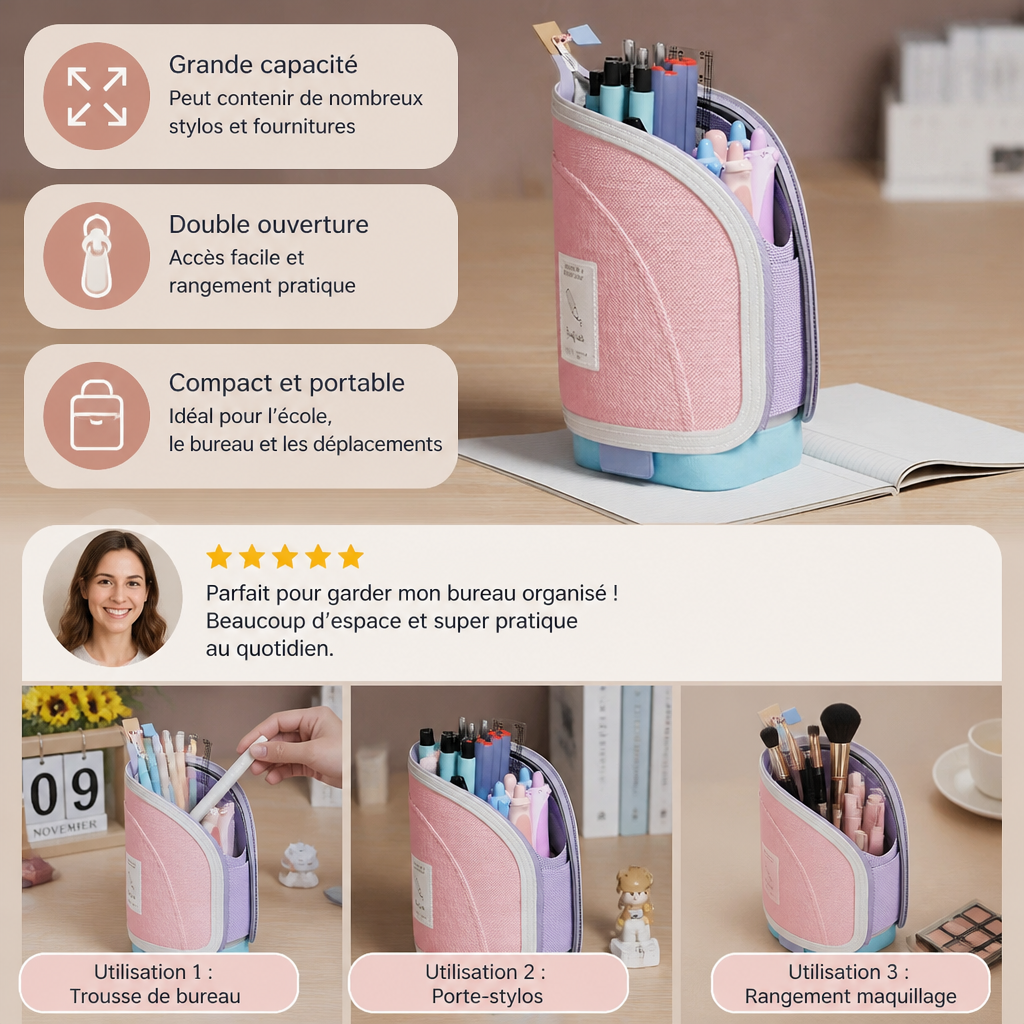 Trousse pop-up 2 en 1 avec porte-stylos – organisateur de bureau gain de place