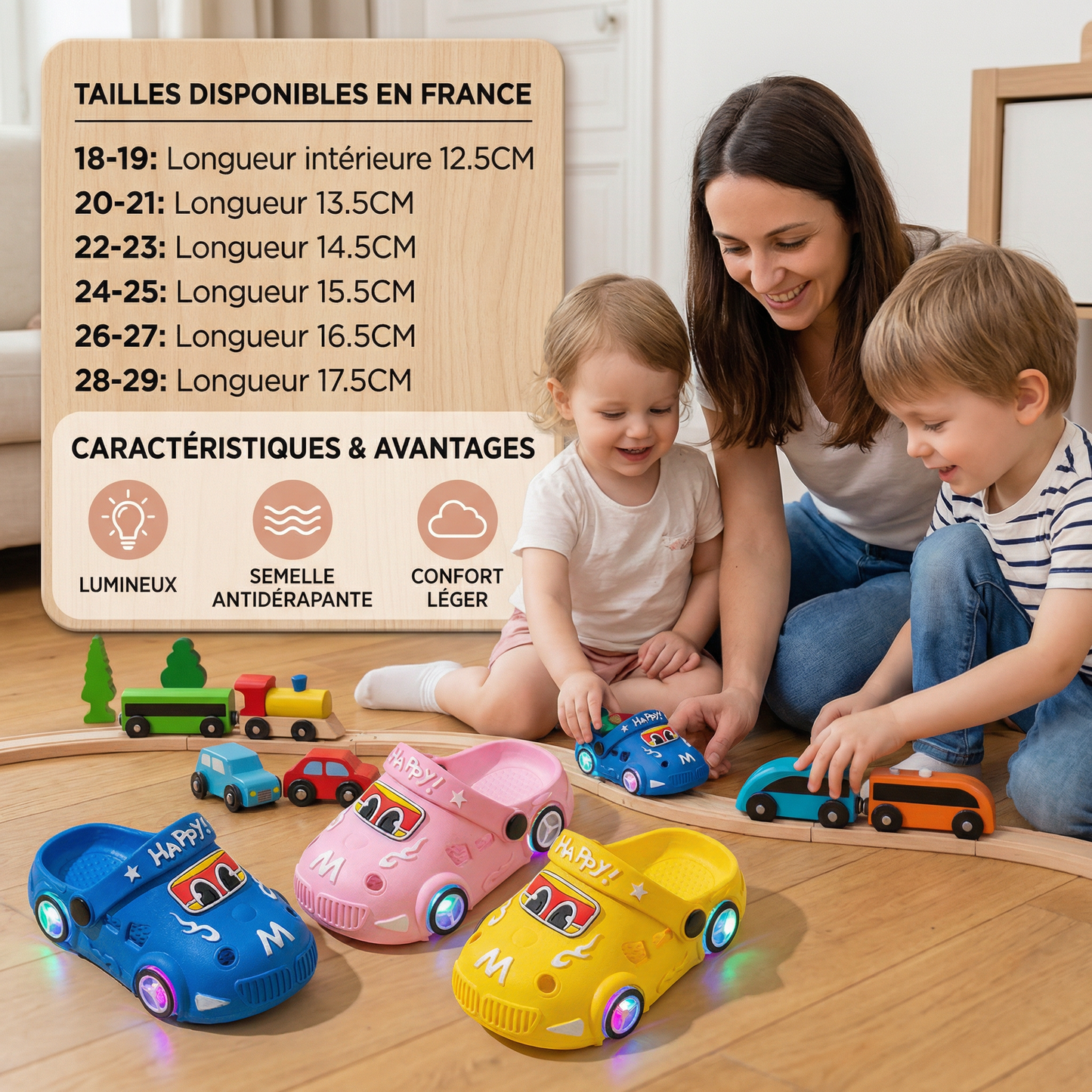 Claquettes enfant lumineuses avec motif voiture – sandales de bain avec semelle antidérapante