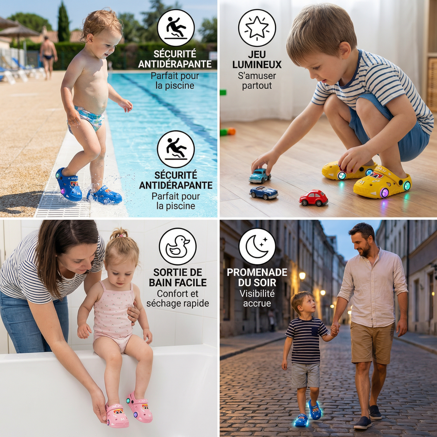 Claquettes enfant lumineuses avec motif voiture – sandales de bain avec semelle antidérapante