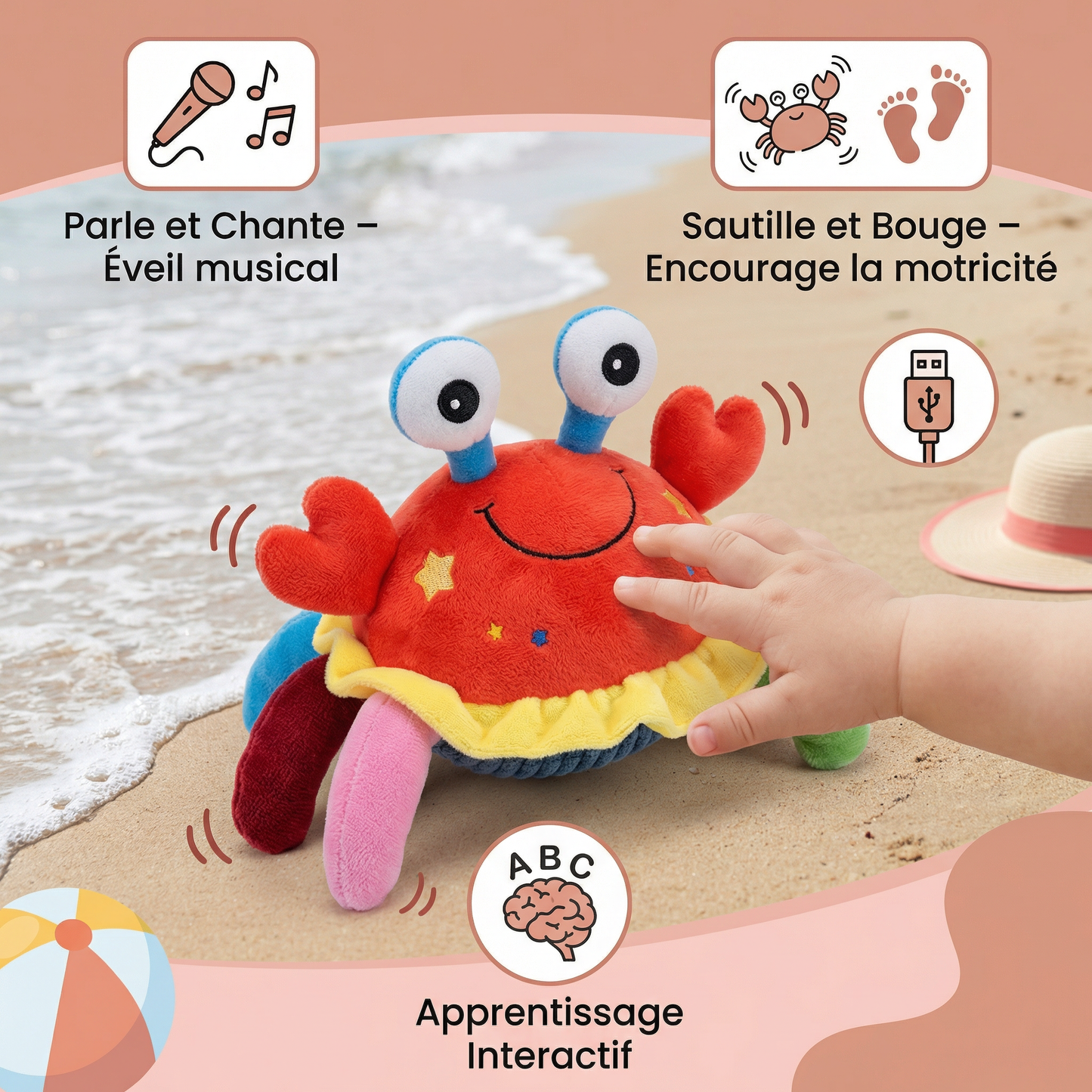 Crabe musical interactif avec fonction vocale – jouet d’apprentissage en mouvement pour bébés