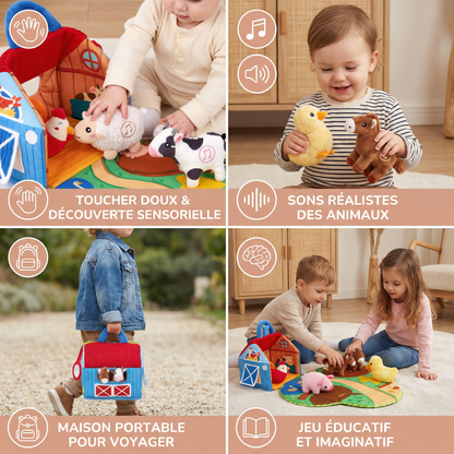 Ensemble de jouets en peluche ferme – jouet éducatif interactif avec maison de jeu portable