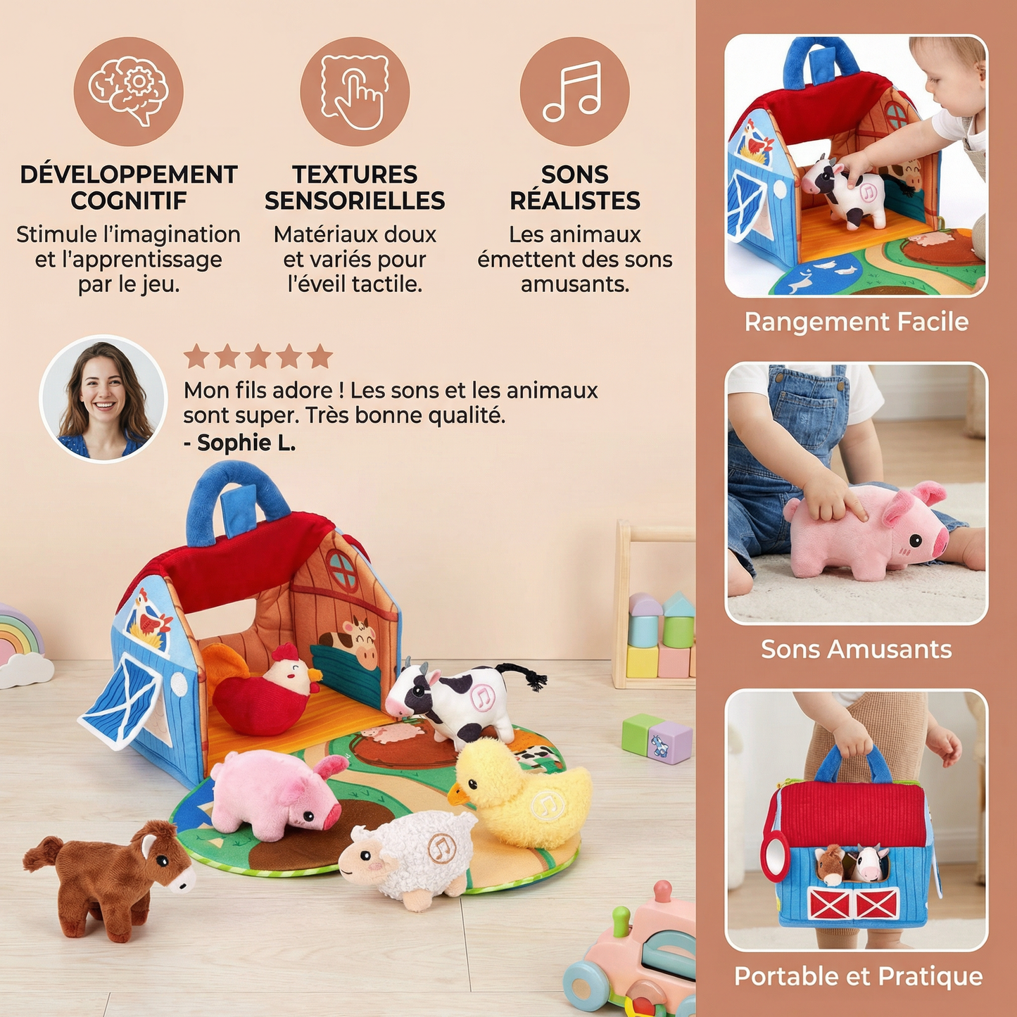 Ensemble de jouets en peluche ferme – jouet éducatif interactif avec maison de jeu portable