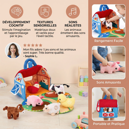 Ensemble de jouets en peluche ferme – jouet éducatif interactif avec maison de jeu portable