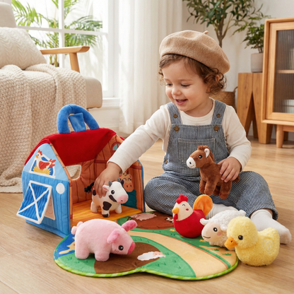 Ensemble de jouets en peluche ferme – jouet éducatif interactif avec maison de jeu portable