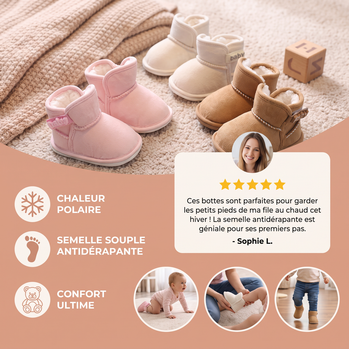 Bottes d’hiver pour bébé doublées en polaire avec semelles souples antidérapantes