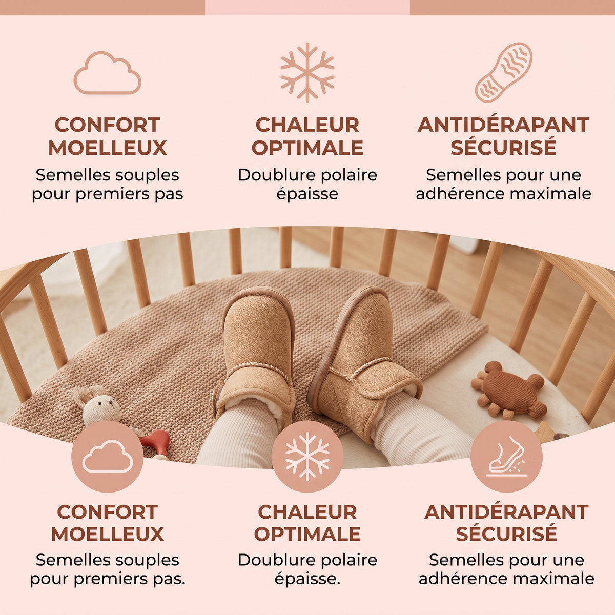 Bottes d’hiver pour bébé doublées en polaire avec semelles souples antidérapantes